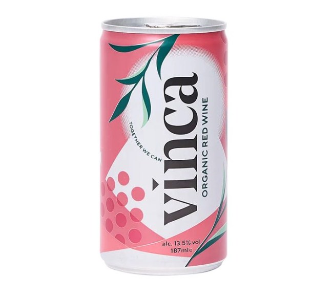 A can of Vinca organic red wine on a white background