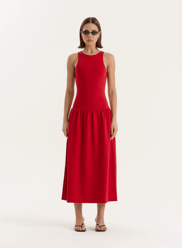 Red Jersey Drop Waist Dress