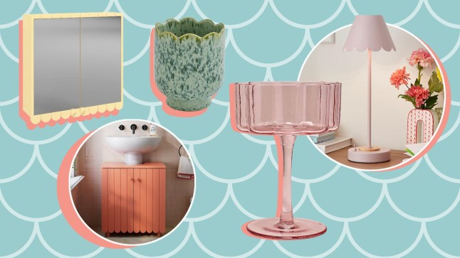 Scallop-edge or trimmed items from Dunelm - including glasses, plant pots, lights and cabinet