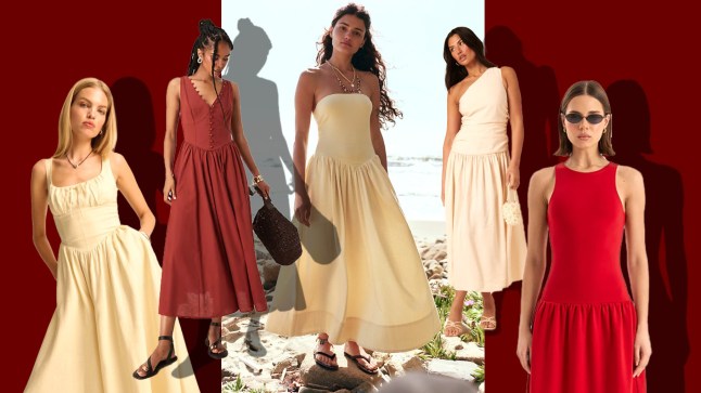 Models wearing drop hem dresses from the high street