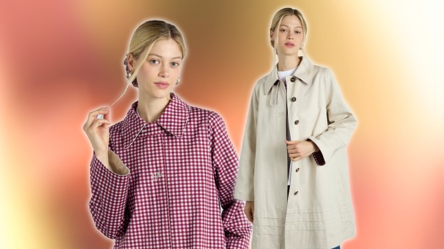 The Damson Madder Mercedes Bow Reversible Trench with both sides of the jacket displayed – one version features red gingham print and the other is a light beige.