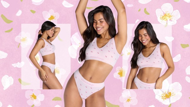 A model posing and smiling in a Boux Avenue x The Eve Appeal underwear set.