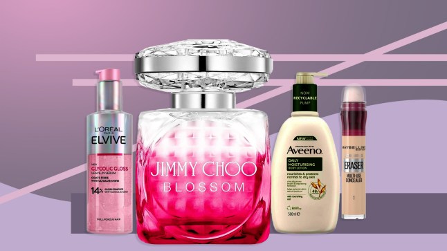 Beauty products on sale during the Amazon Essentials Sale, including Jimmy Choo perfume, L'Oreal hair products, Aveeno moisturiser and Maybelline concealer
