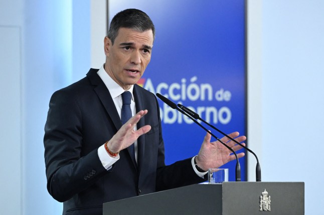 Spain's Prime Minister Pedro Sanchez gestures as he delivers a speech during a press conference following a council of Ministers' meeting at the Moncloa Palace in Madrid on April 22, 2025. (Photo by JAVIER SORIANO / AFP) (Photo by JAVIER SORIANO/AFP via Getty Images)