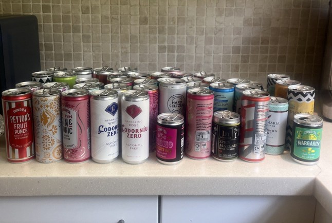 Dozens of tinned drinks on Rob's kitchen side